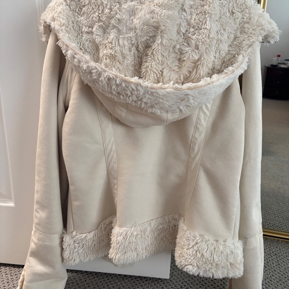 L GUESS Faux Suede Fur Lining ZIP JACKET HOODIE OFF WHITE CREAM soft warm winter - Picture 7 of 16
